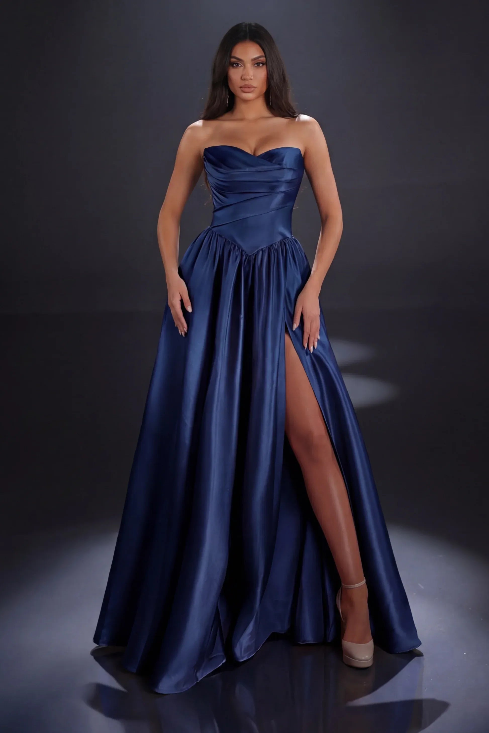 Elegant Ball Gown Sweetheart Neckline Sleeveless Satin Ruched Bodice High Slit Prom Gown
