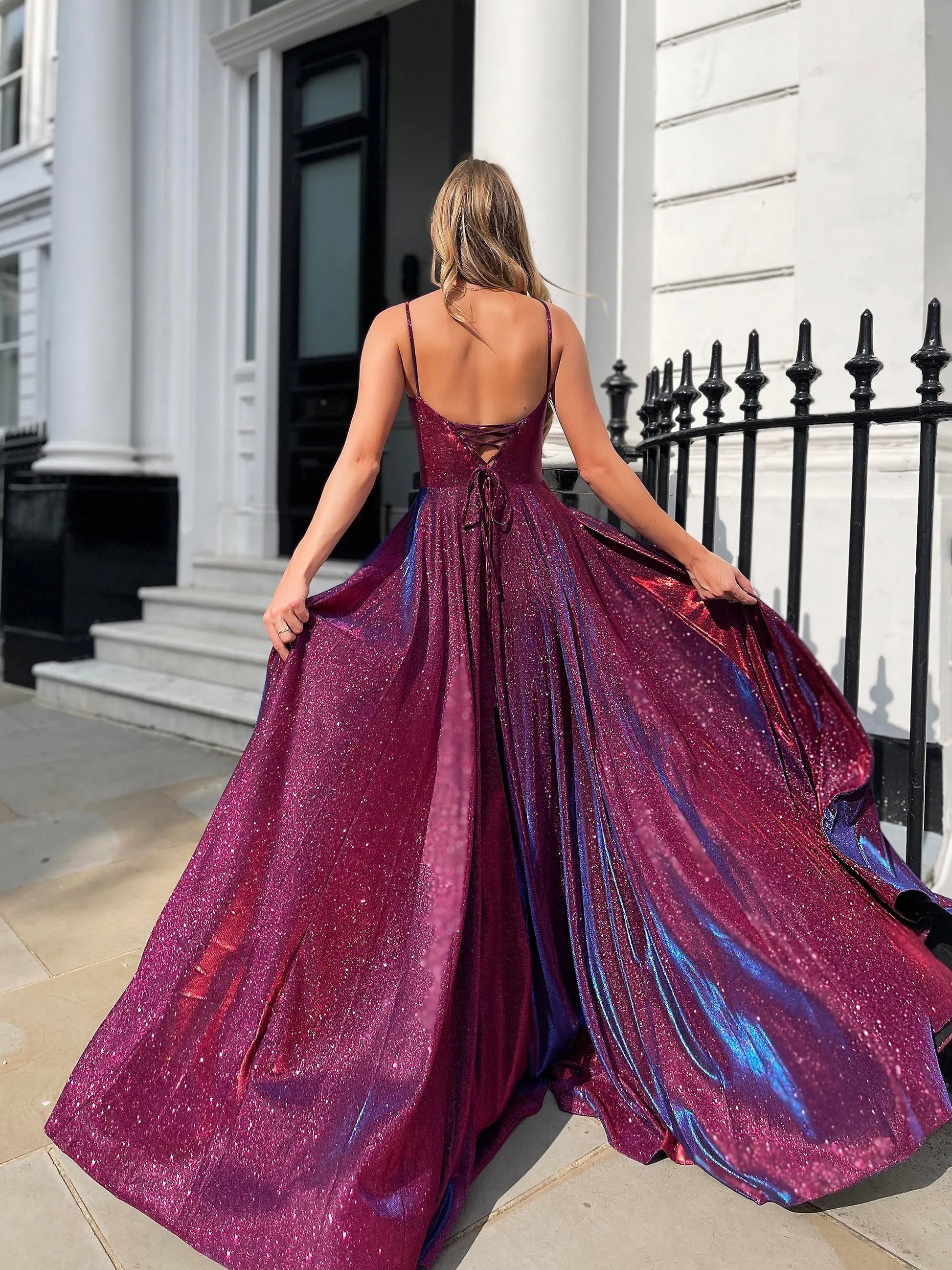 Dazzling A-Line Square Neck Sleeveless Glitter Fabric Lace-Up High Slit Prom Dress