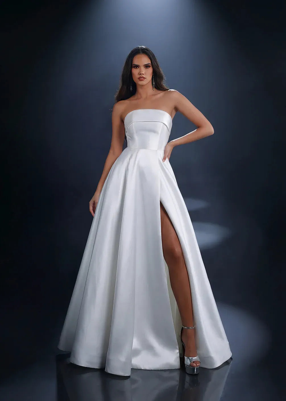 Radiant A-Line Strapless Straight Neckline Sleeveless Satin Lace-Up High Slit Evening Gown