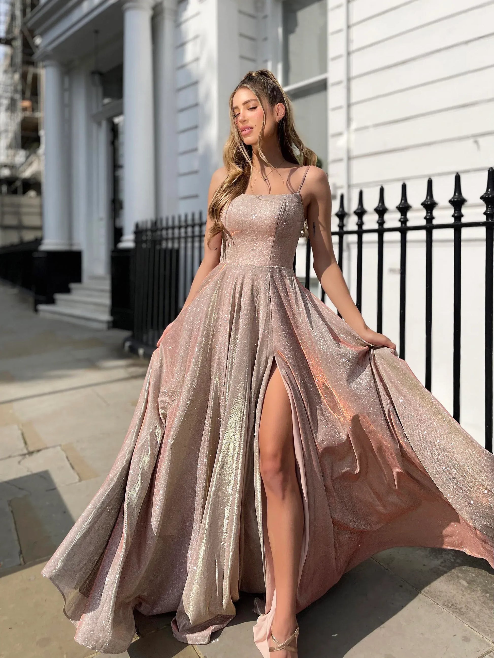 Dazzling A-Line Square Neck Sleeveless Glitter Fabric Lace-Up High Slit Prom Dress