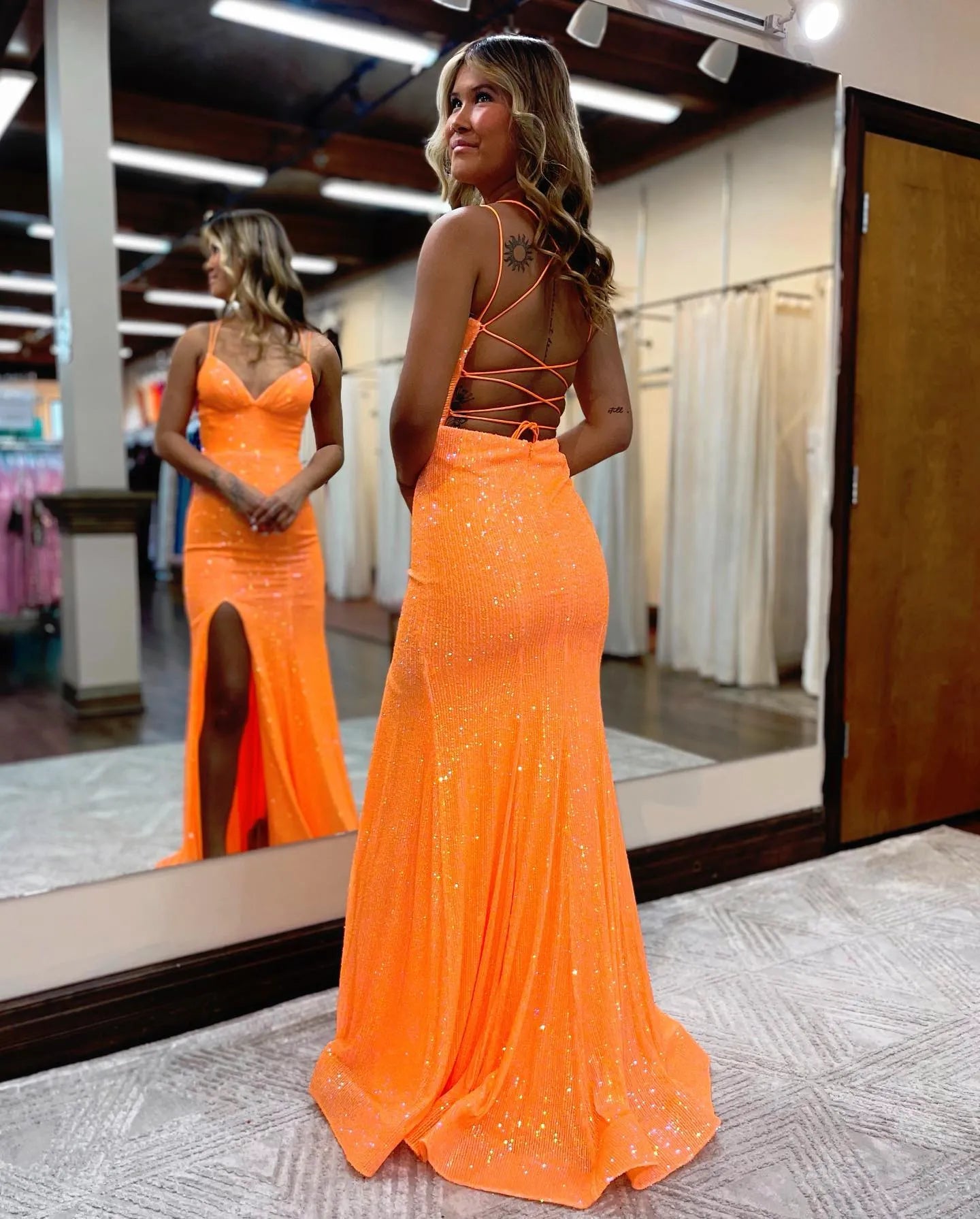 Sheath Plunging V Neck Spaghetti Strap Sequin Lace-Up High Slit Prom Special Occasion Formal Gown
