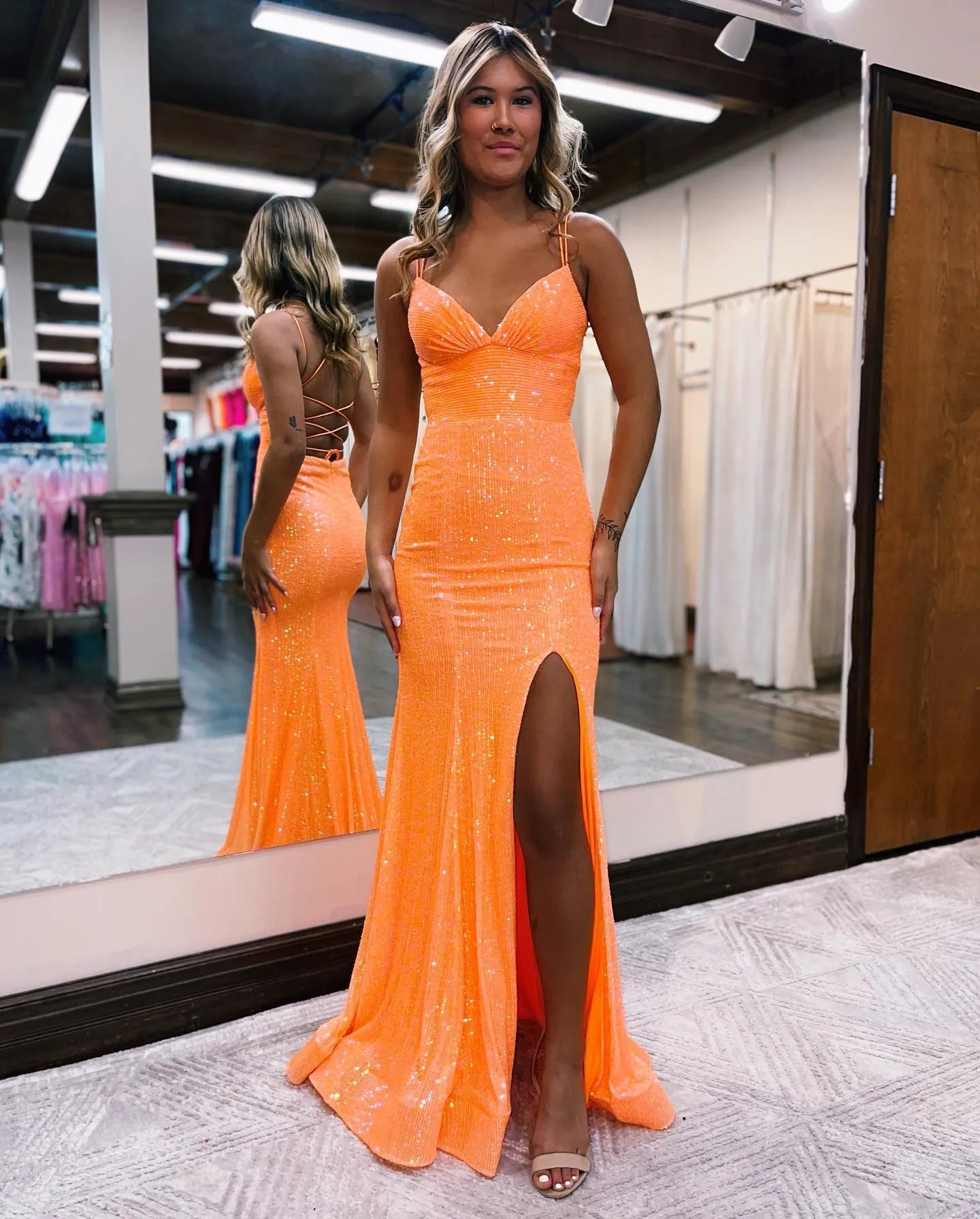 Sheath Plunging V Neck Spaghetti Strap Sequin Lace-Up High Slit Prom Special Occasion Formal Gown