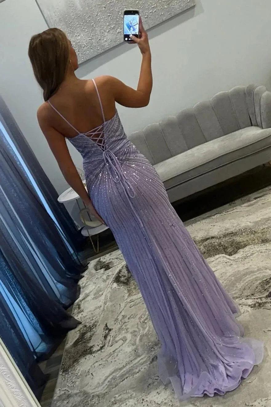 Sparkly Mermaid V-neck Spaghetti Straps Beaded Long Slit Lace-up Prom Dress