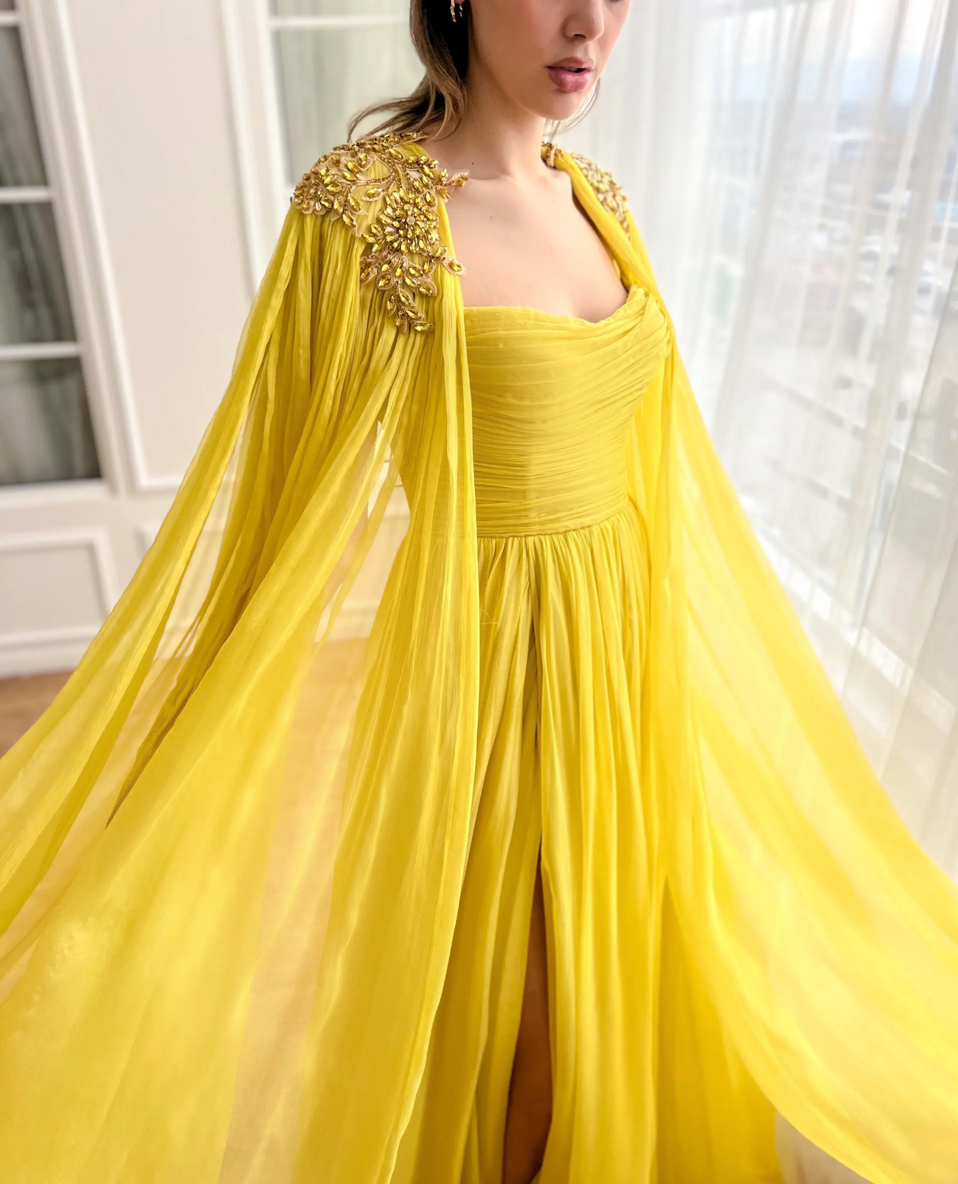 Radiant A-Line Sleeveless Crystal Embellishments Chiffon Draped Bodice Evening Gown with Cape
