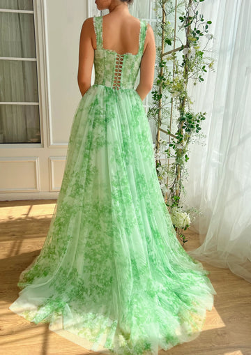 Dreamy A-Line Sweetheart Sleeveless Floral Print Garden Party Tulle Lace-Up Prom Evening Dress