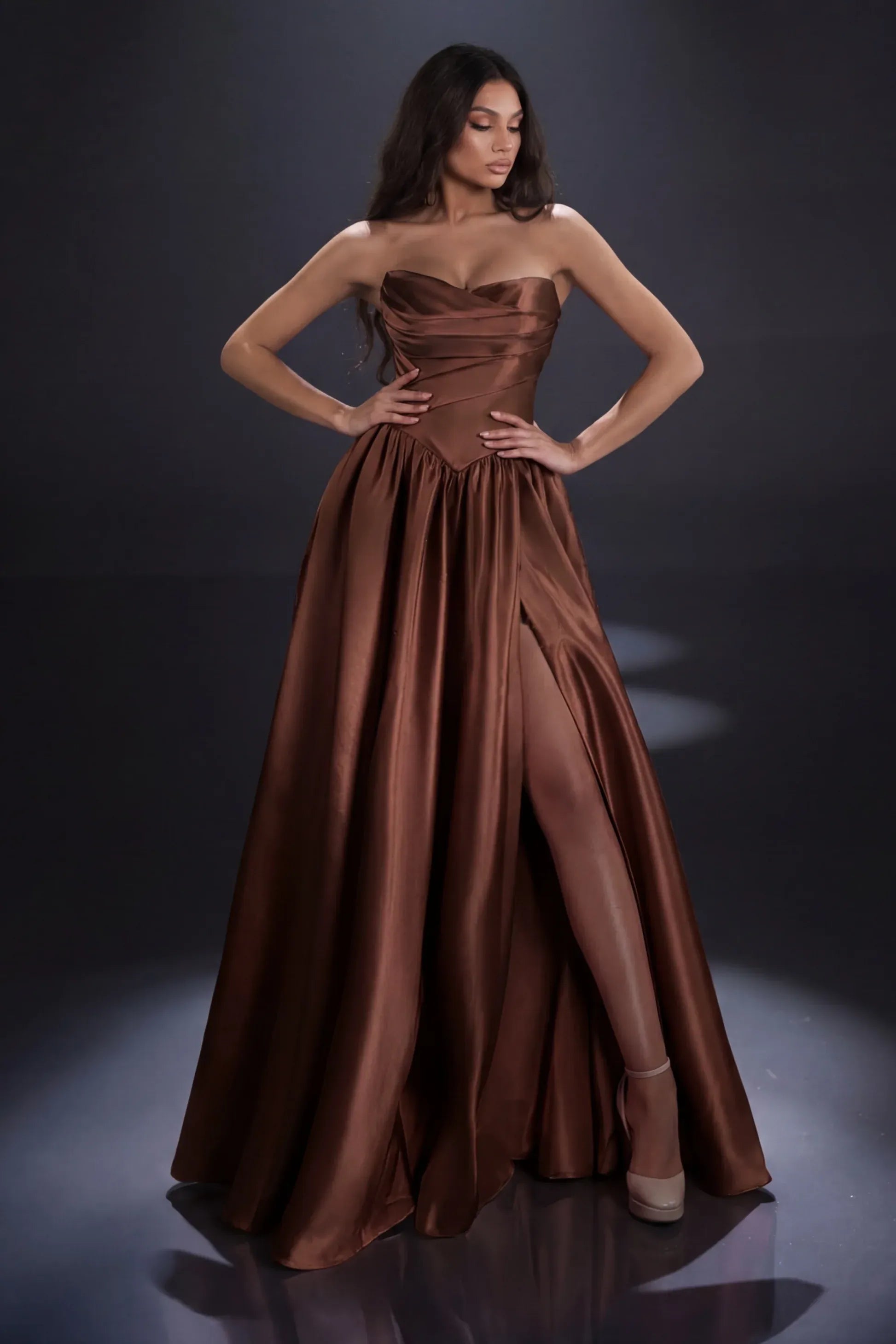 Elegant Ball Gown Sweetheart Neckline Sleeveless Satin Ruched Bodice High Slit Prom Gown