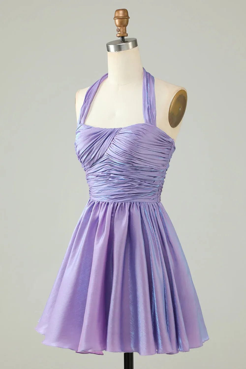 Flirty A-line Halter Sleeveless Iridescent Mini Ruched Homecoming Dress