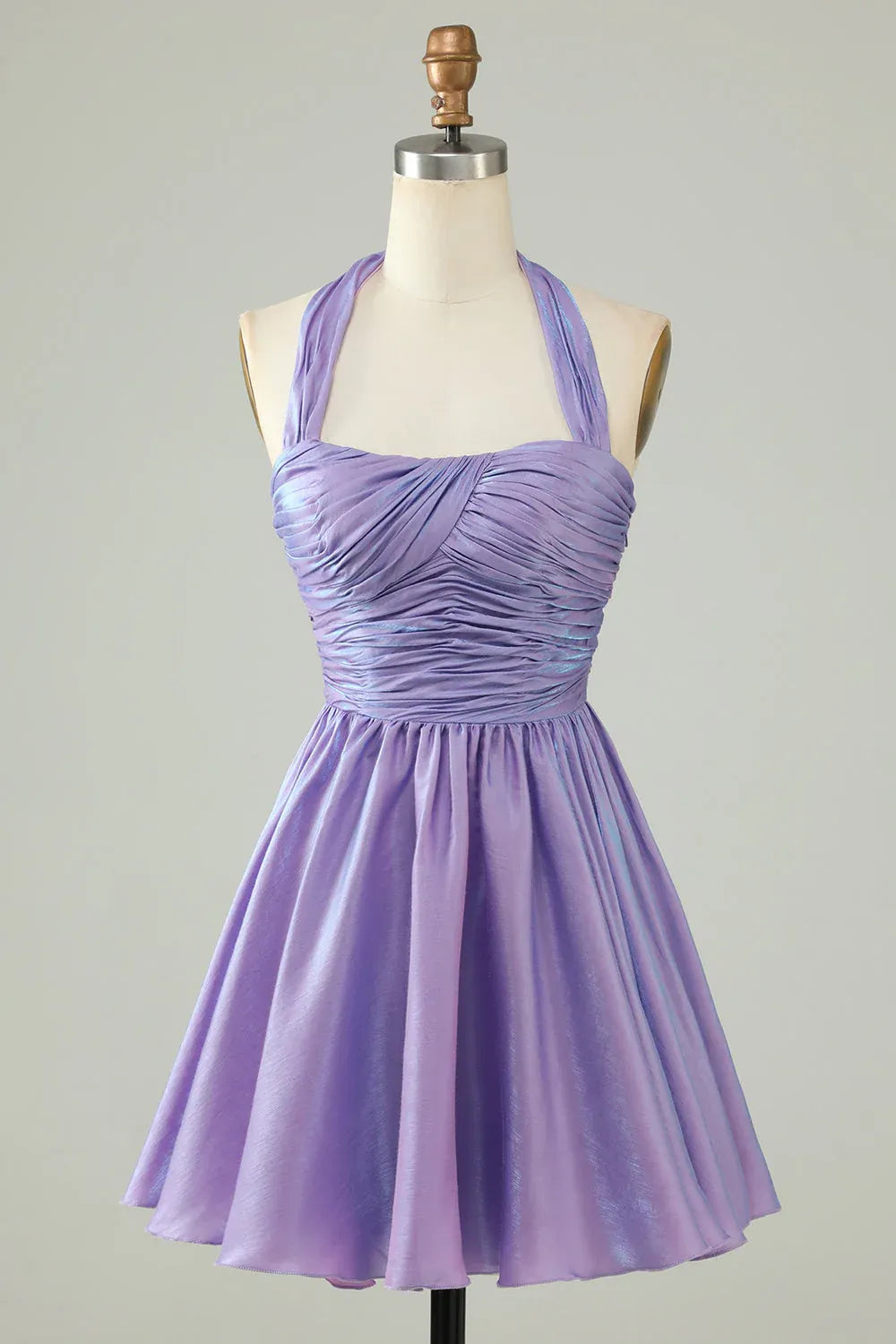 Flirty A-line Halter Sleeveless Iridescent Mini Ruched Homecoming Dress