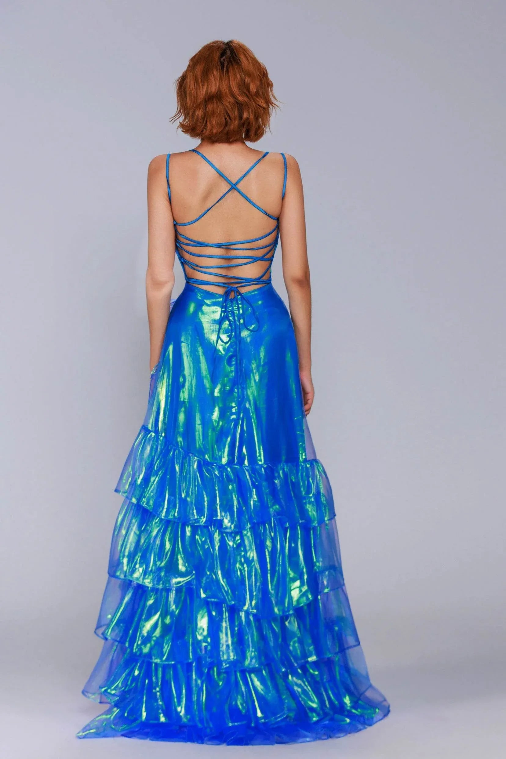 Statement A-Line Spaghetti Strap Iridescent Organza Ruffle Prom Gown Evening Dress