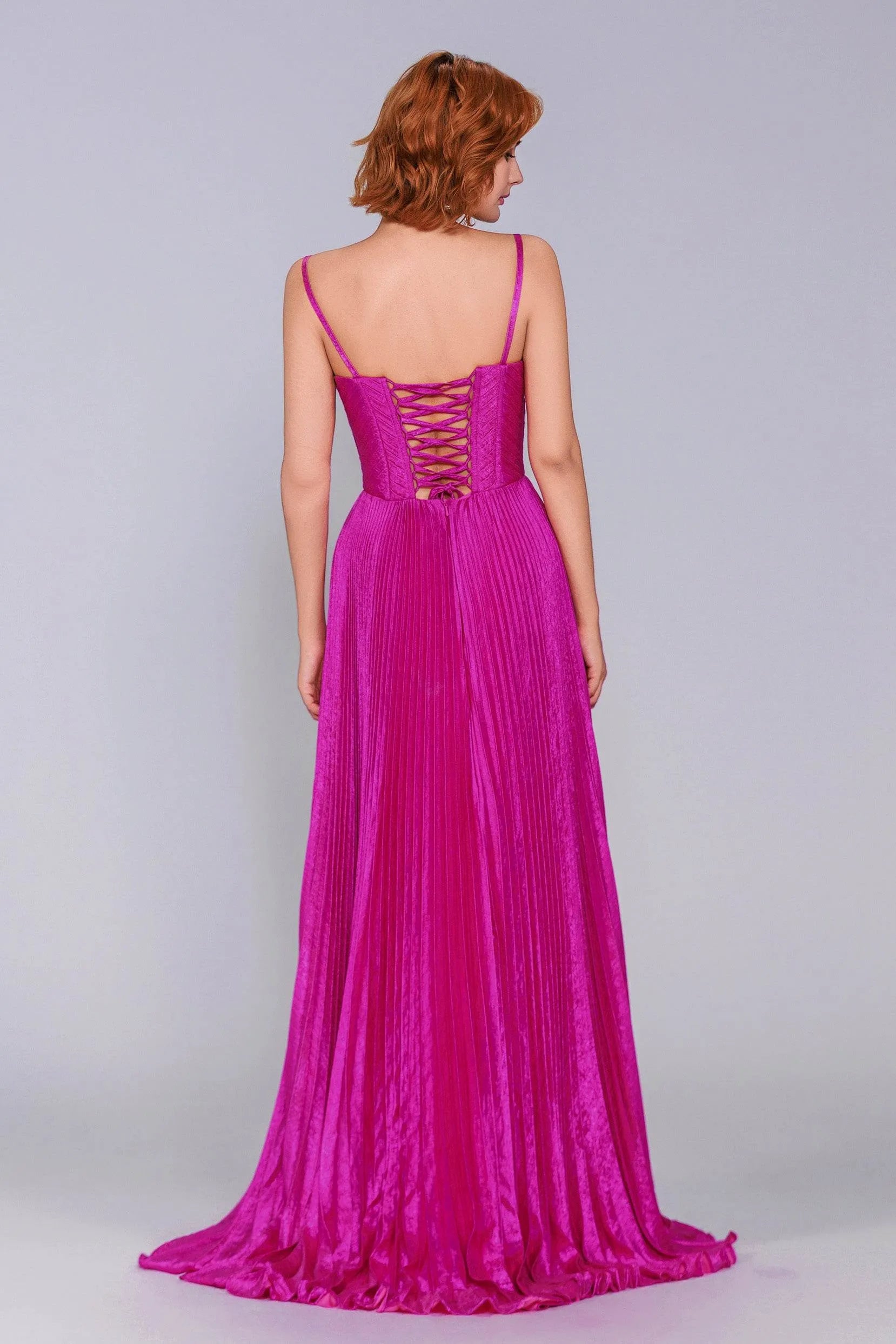 Striking A-Line Spaghetti Strap Pleated Metallic Keyhole Prom Gown