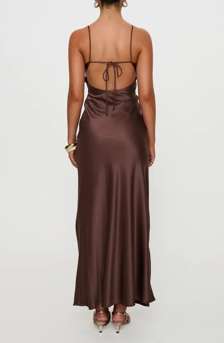 Flowy Slip V-Neck Thin Spaghetti Strap Satin Self Tie Open Back Floor-Length Maxi Evening Dress