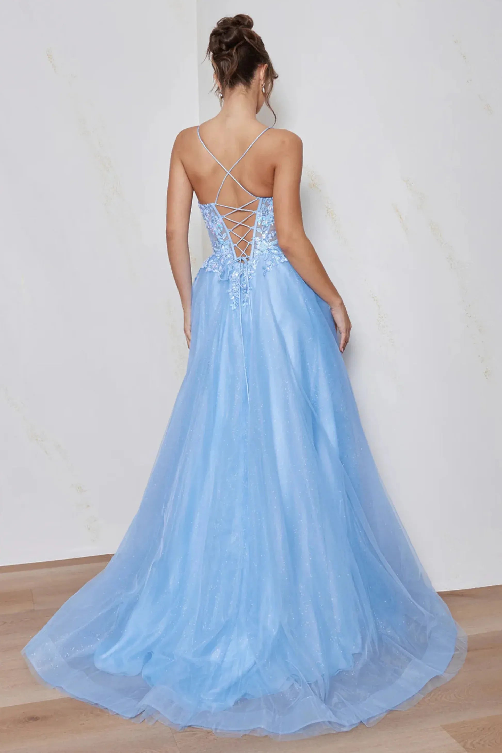 A-Line Sweetheart Spaghetti Strap Glitter Tulle Floral Sequin Lace Applique Corset Prom Gown
