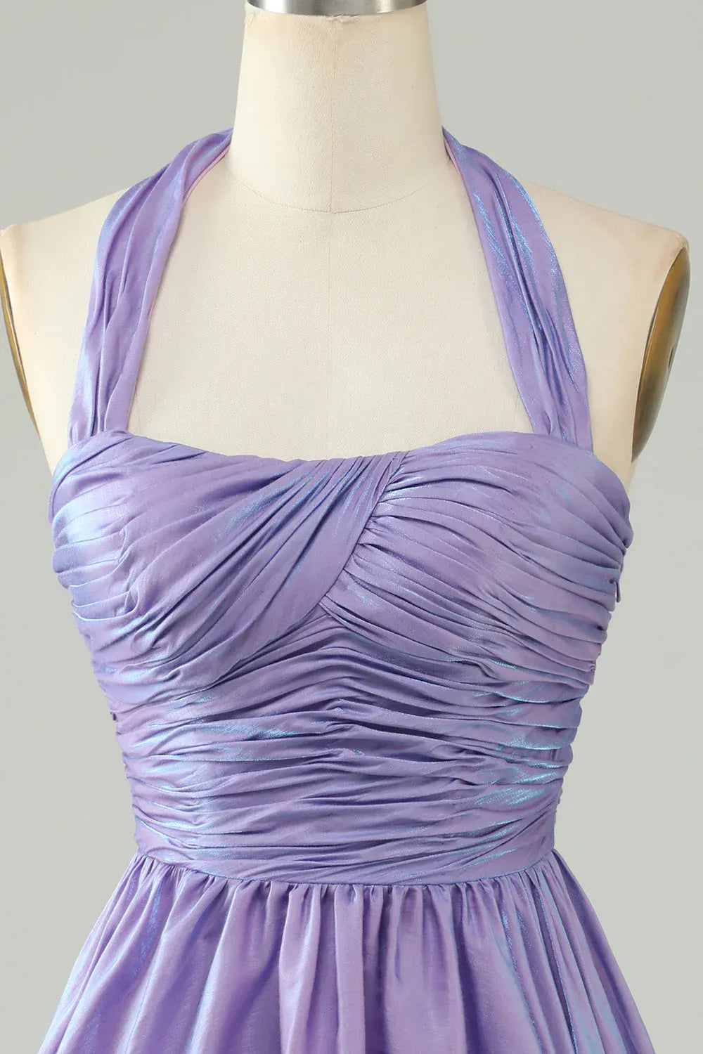 Flirty A-line Halter Sleeveless Iridescent Mini Ruched Homecoming Dress