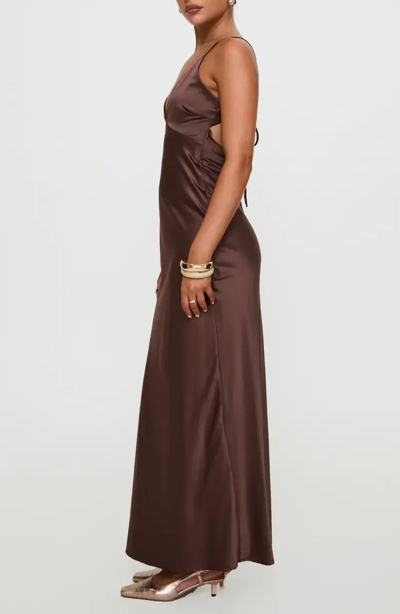 Flowy Slip V-Neck Thin Spaghetti Strap Satin Self Tie Open Back Floor-Length Maxi Evening Dress