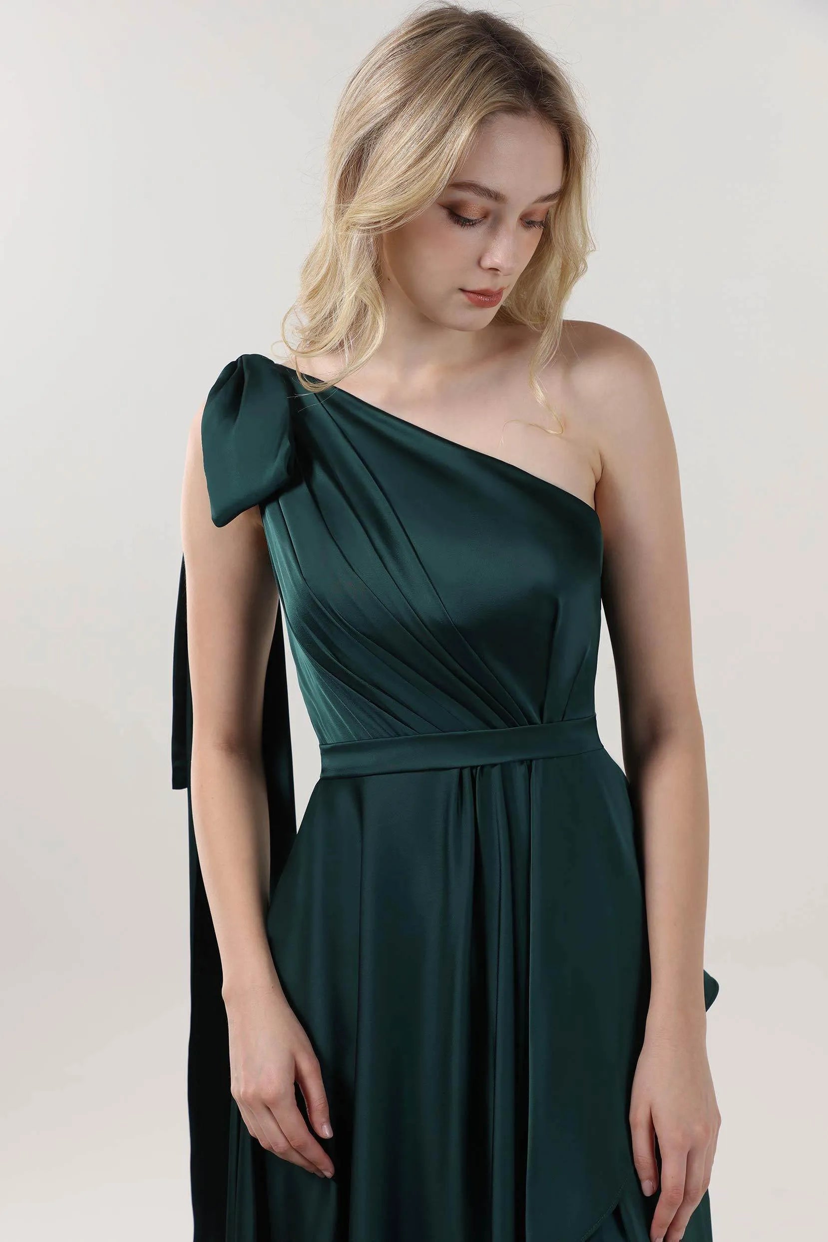 Polished A-Line One-Shoulder Satin Bow-Sash Evening Gown Formal Wedding Guest Dress
