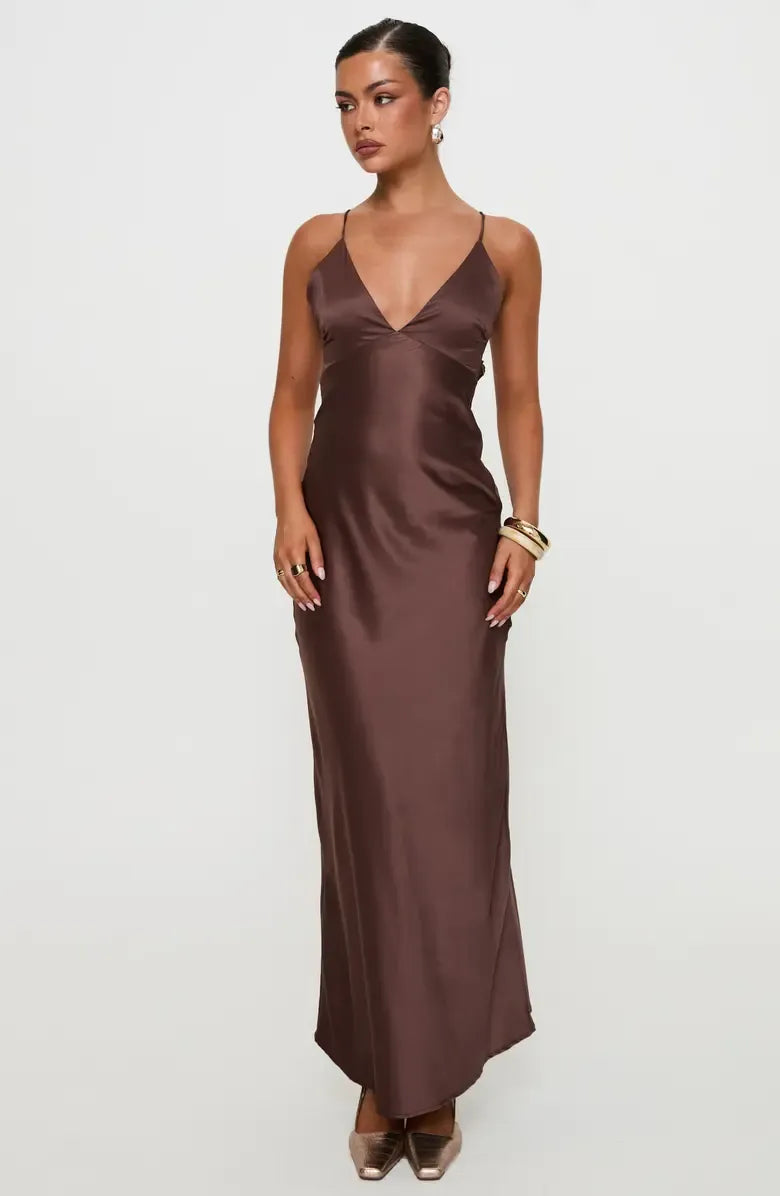 Flowy Slip V-Neck Thin Spaghetti Strap Satin Self Tie Open Back Floor-Length Maxi Evening Dress