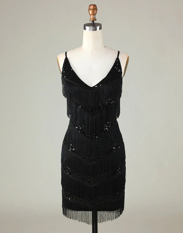 Flapper Bodycon VNeck SpaghettiStrap Sequin Fringe Cocktail Dress Short Homecoming Dress