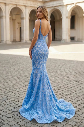Mermaid Square Neck Sleeveless Lace Bow Floor Length Prom Dress