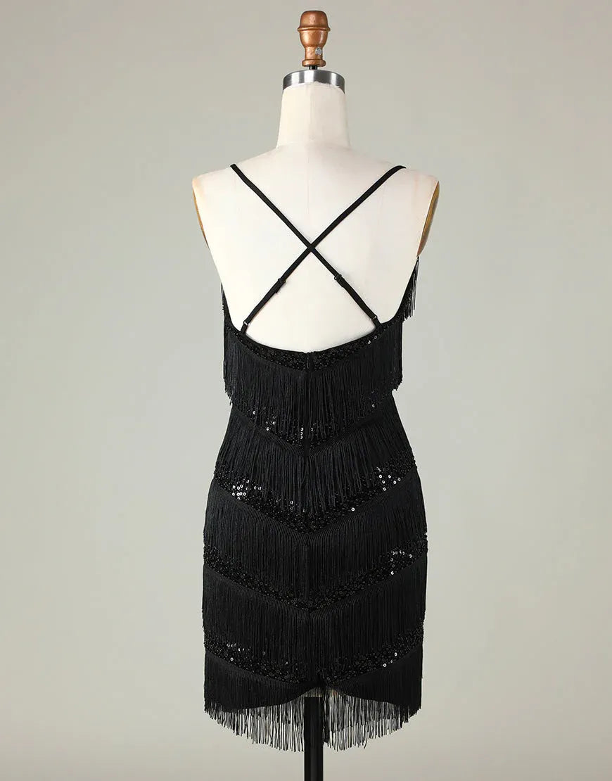 Flapper Bodycon VNeck SpaghettiStrap Sequin Fringe Cocktail Dress Short Homecoming Dress