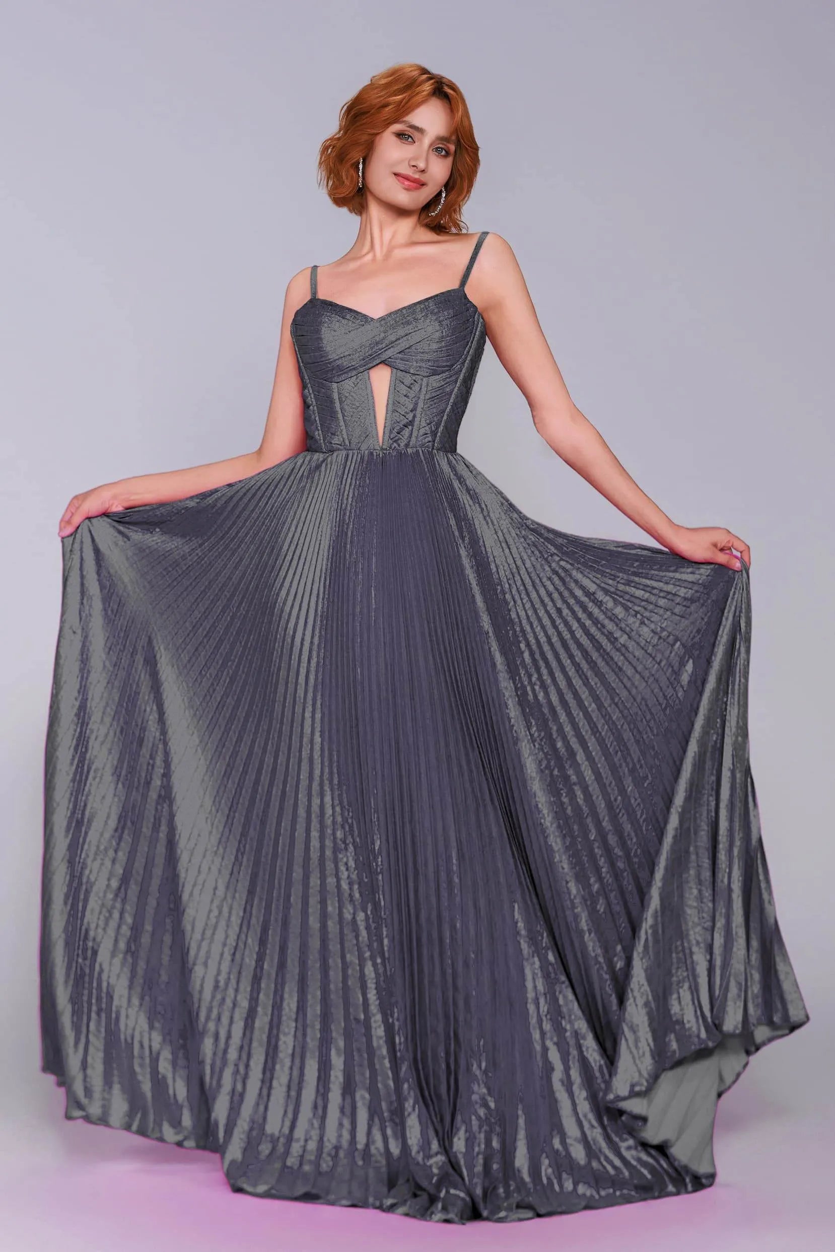 Striking A-Line Spaghetti Strap Pleated Metallic Keyhole Prom Gown