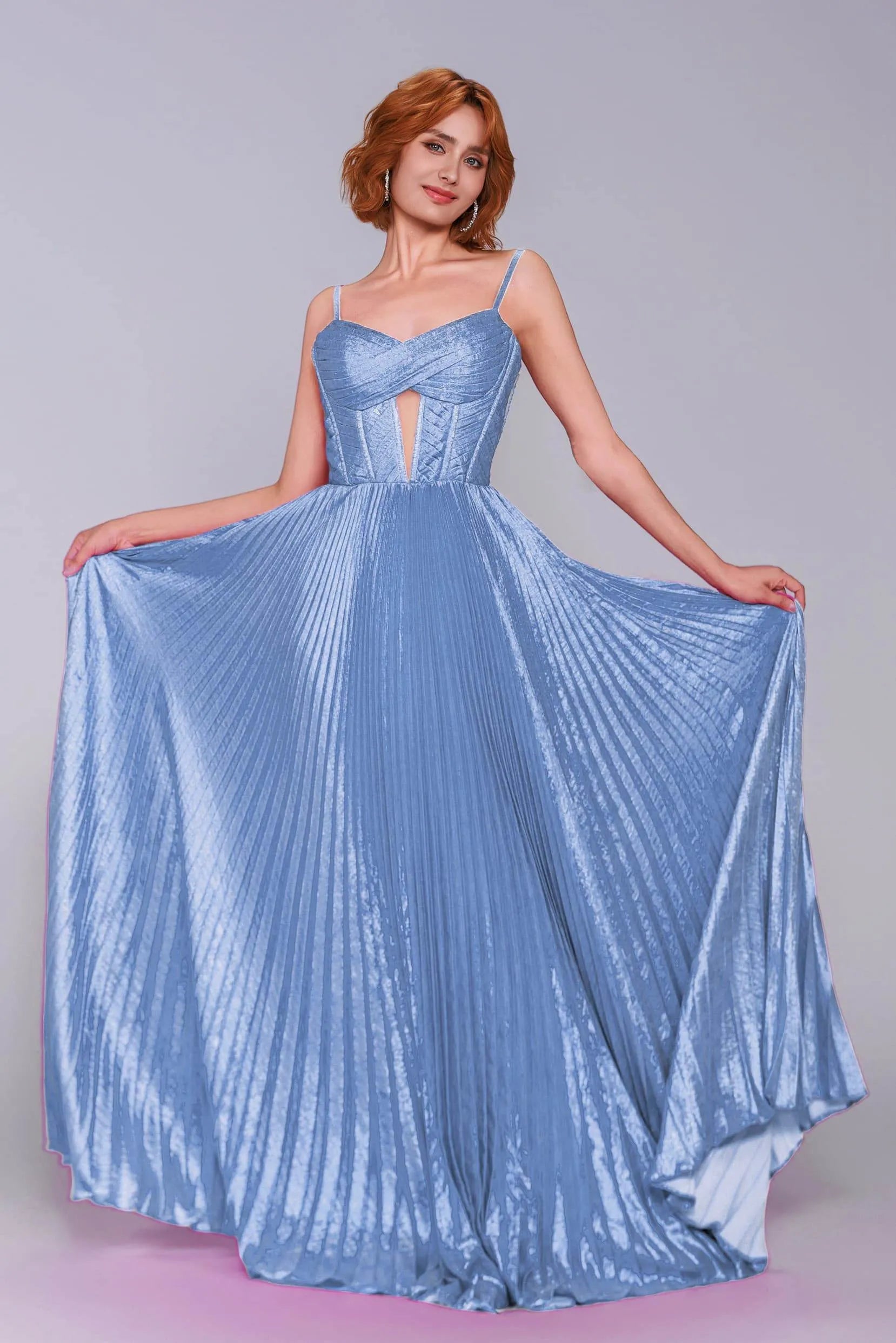 Striking A-Line Spaghetti Strap Pleated Metallic Keyhole Prom Gown