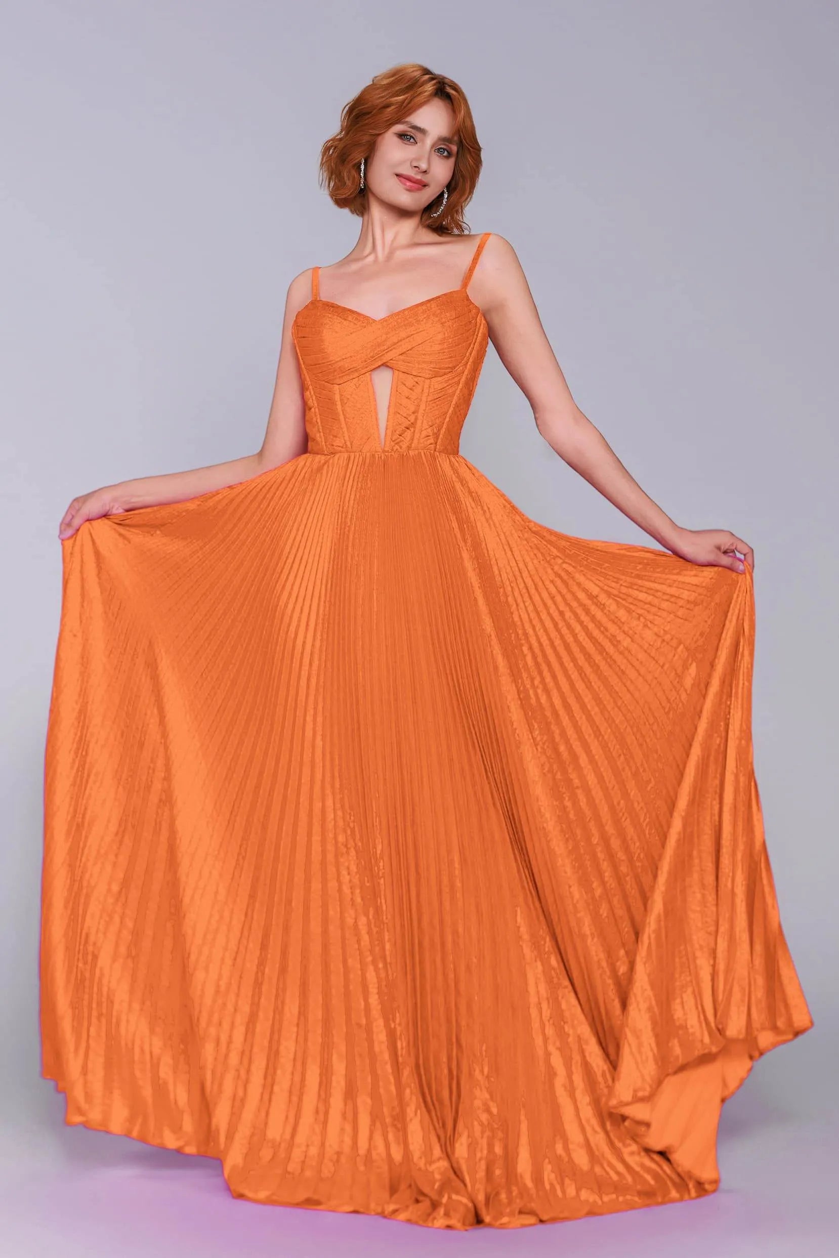Striking A-Line Spaghetti Strap Pleated Metallic Keyhole Prom Gown