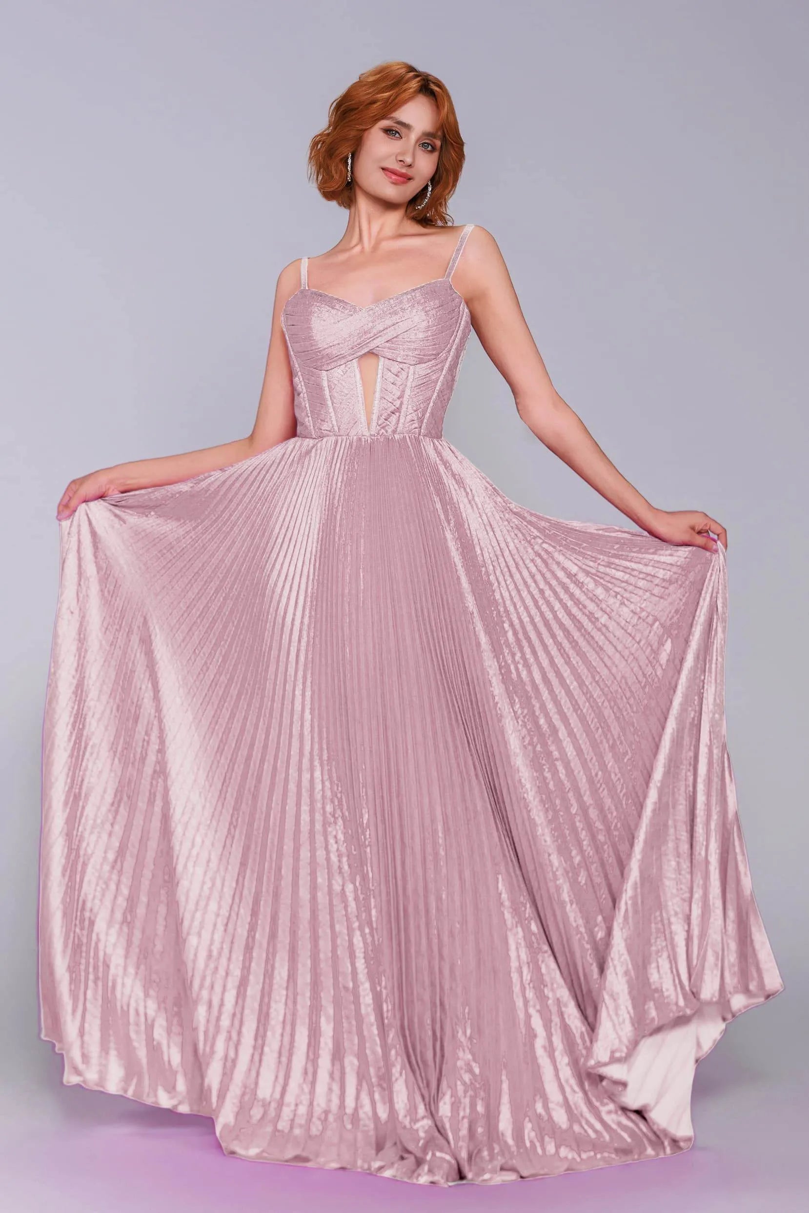 Striking A-Line Spaghetti Strap Pleated Metallic Keyhole Prom Gown