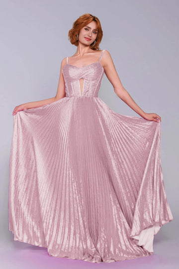 Striking A-Line Spaghetti Strap Pleated Metallic Keyhole Prom Dress
