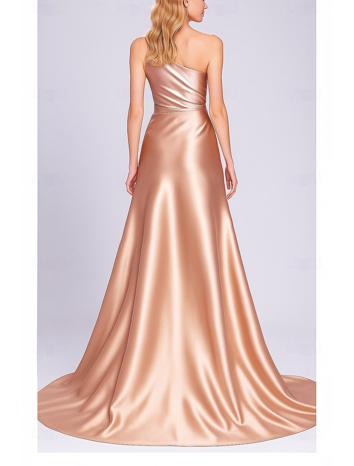 Vestido de noche de gala maxi de satén con cola, drapeado fruncido asimétrico de un hombro tipo sirena