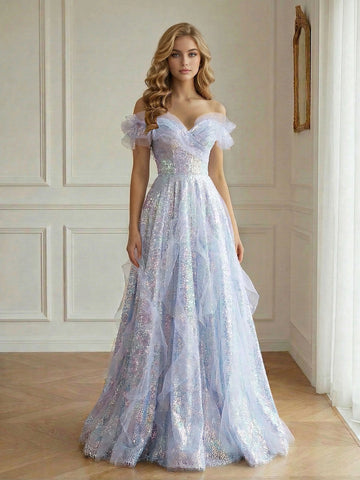 Iridescent lavender A-line prom dress with sweetheart neckline, off-shoulder tulle ruffle sleeves, shimmering floral details and flowing floor-length skirt.