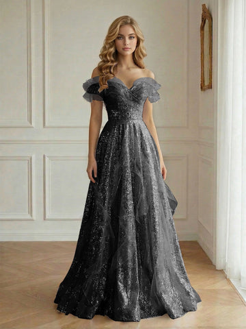 Dreamy Iridescent A Line Sweetheart Off Shoulder Ruffle Floor Length Prom Dress