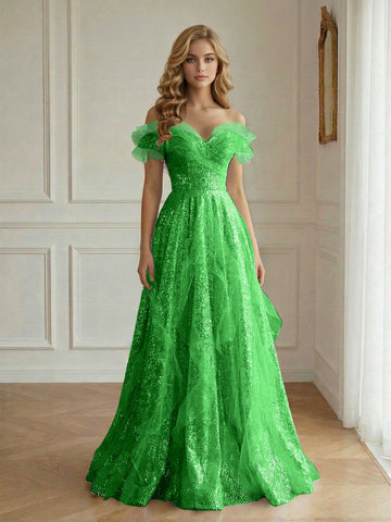 Dreamy Iridescent A Line Sweetheart Off Shoulder Ruffle Floor Length Prom Dress
