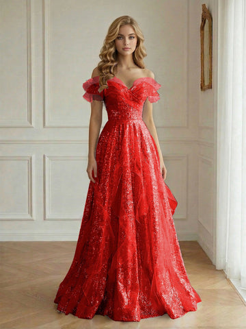 Dreamy Iridescent A Line Sweetheart Off Shoulder Ruffle Floor Length Prom Dress