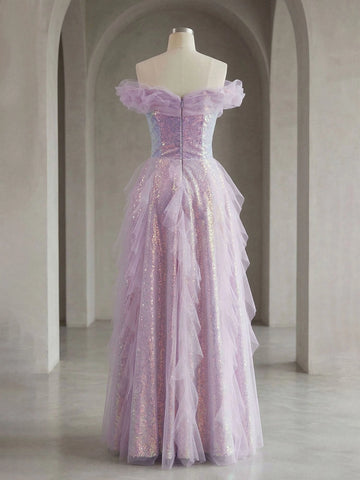 Dreamy Iridescent A Line Sweetheart Off Shoulder Ruffle Floor Length Prom Dress