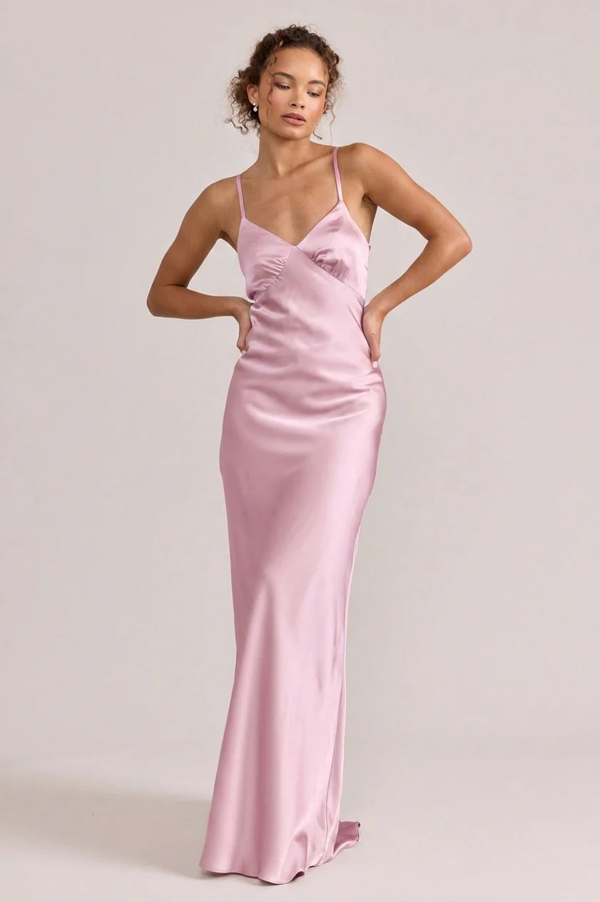 Elegant Column Spaghetti Strap V-Neck Satin Crisscross Lace-Up Back Maxi Bridesmaid Dress