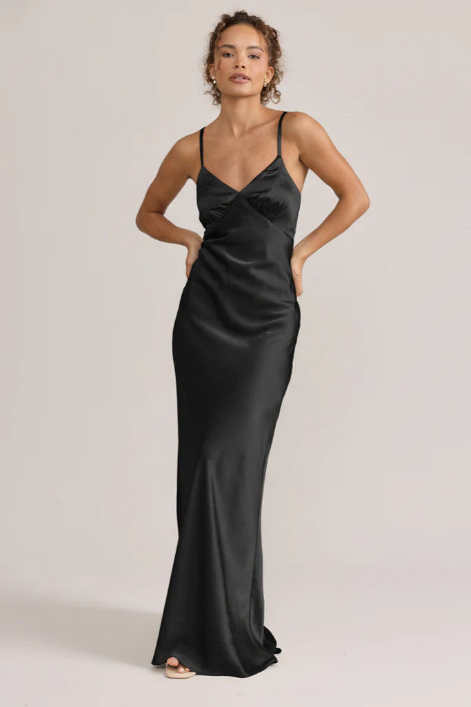 Elegant Column Spaghetti Strap V-Neck Satin Crisscross Lace-Up Back Maxi Bridesmaid Dress