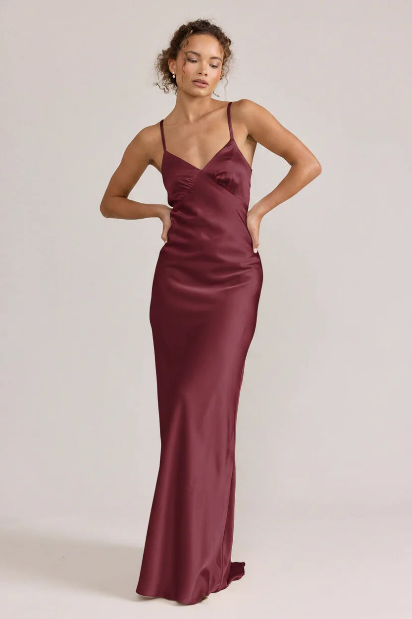 Elegant Column Spaghetti Strap V-Neck Satin Crisscross Lace-Up Back Maxi Bridesmaid Dress