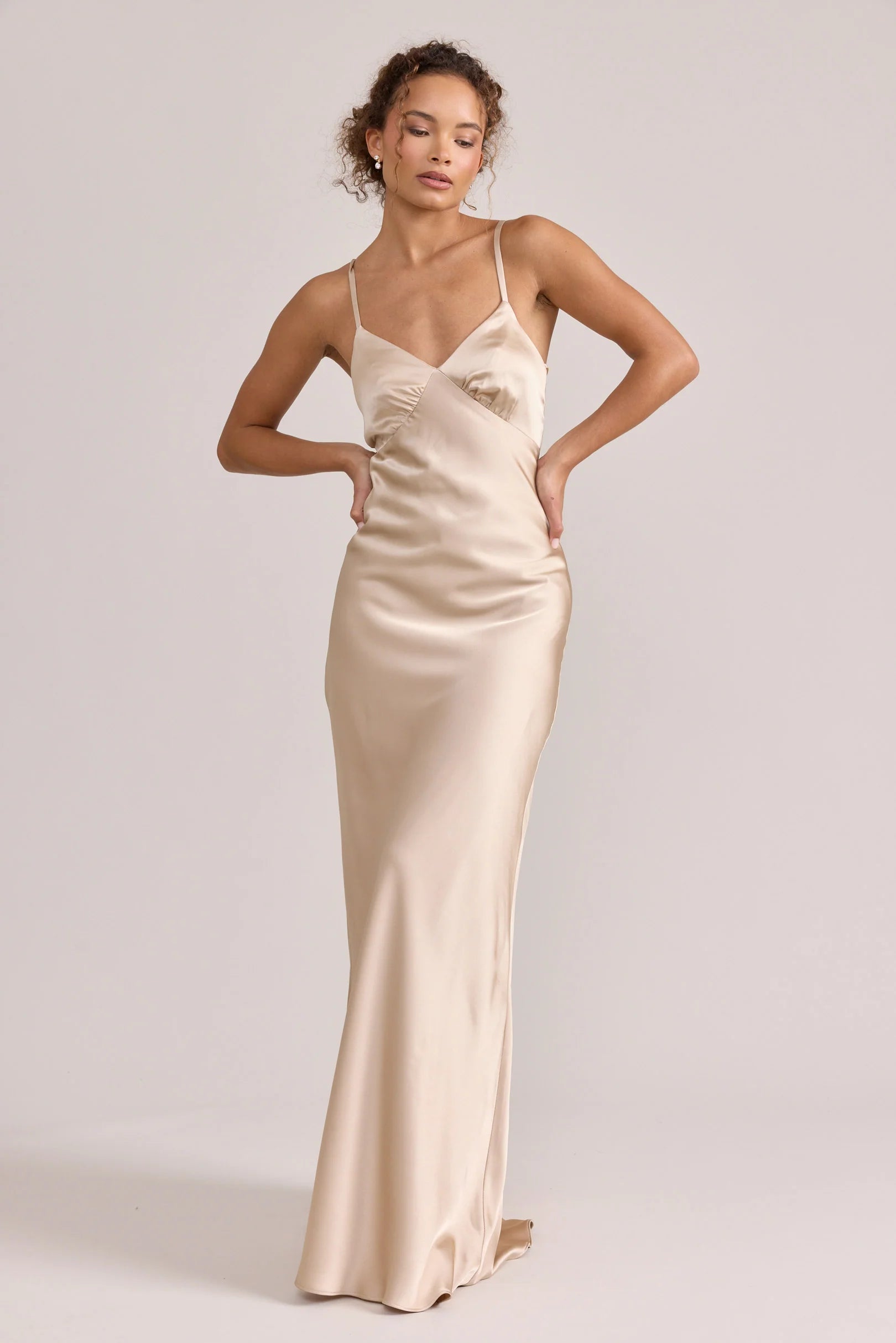Elegant Column Spaghetti Strap V-Neck Satin Crisscross Lace-Up Back Maxi Bridesmaid Dress