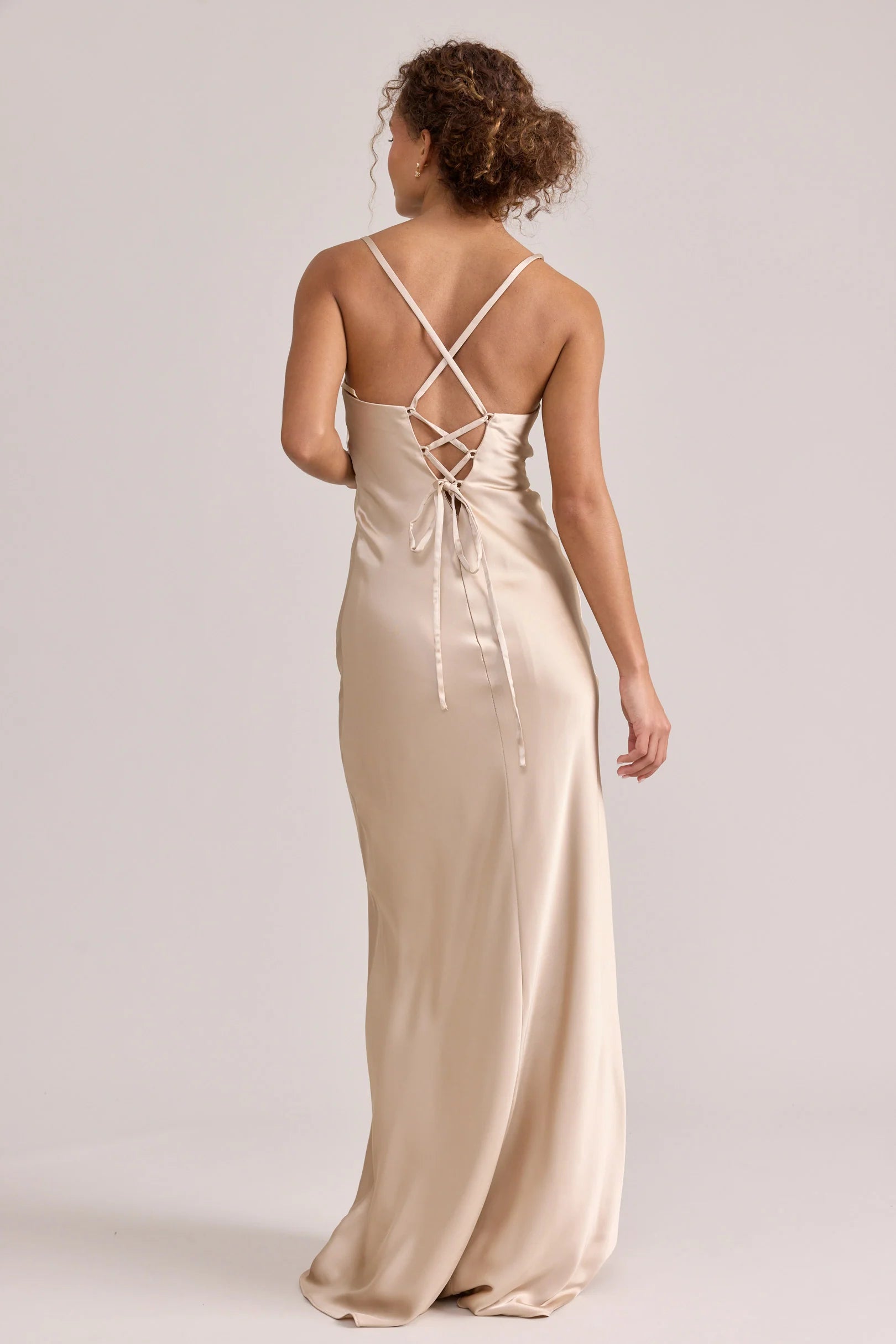 Elegant Column Spaghetti Strap V-Neck Satin Crisscross Lace-Up Back Maxi Bridesmaid Dress