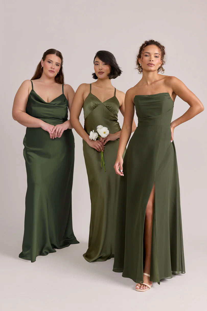 Elegant Column Spaghetti Strap V-Neck Satin Crisscross Lace-Up Back Maxi Bridesmaid Dress