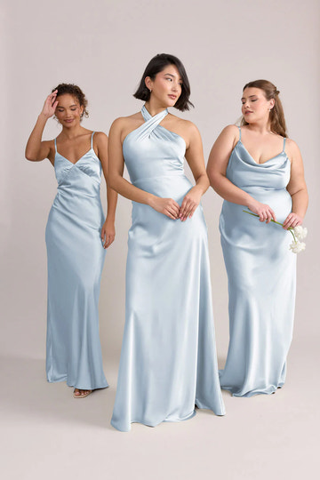 Elegant Column Spaghetti Strap V-Neck Satin Crisscross Lace-Up Back Maxi Bridesmaid Dress