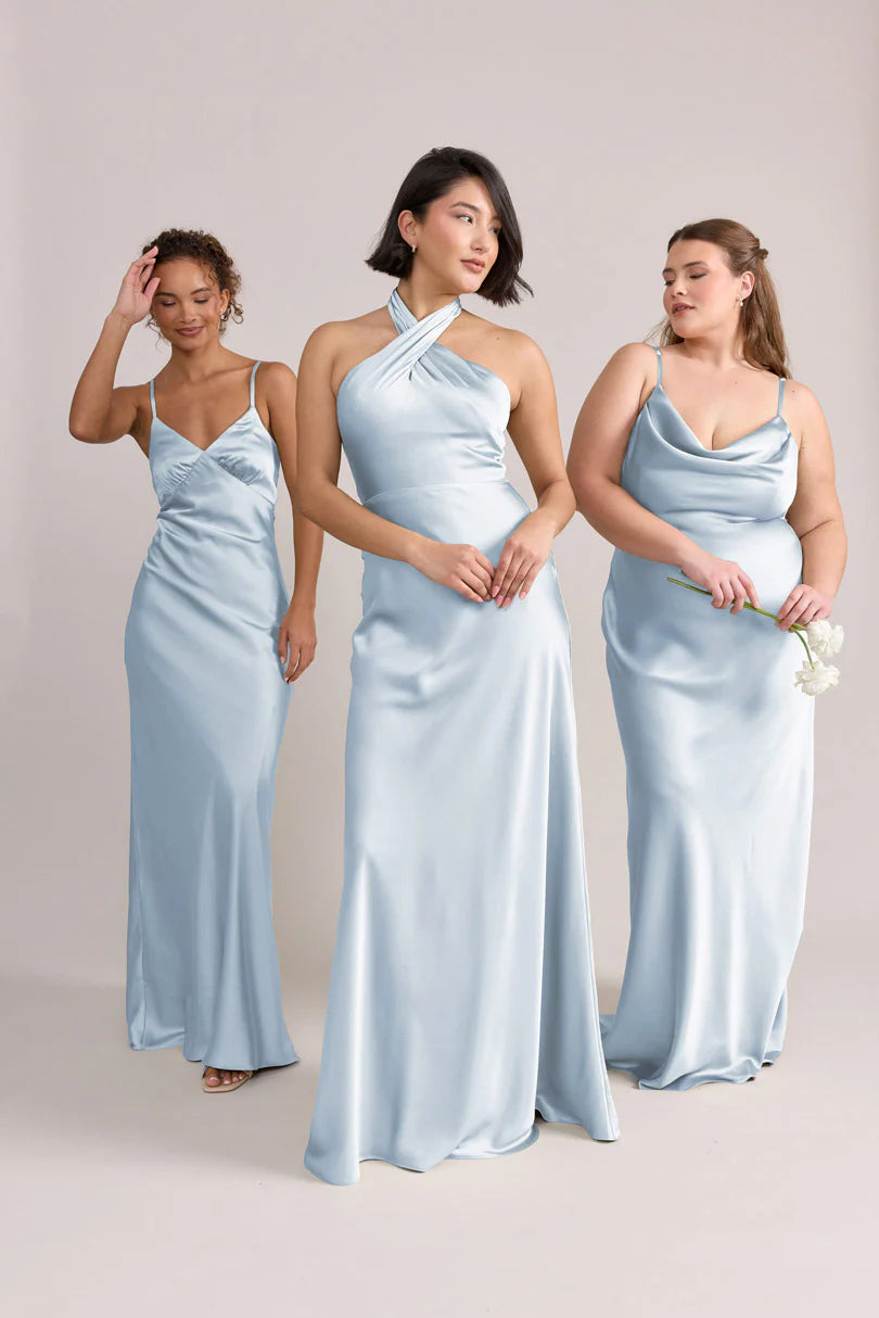 Elegant Column Spaghetti Strap V-Neck Satin Crisscross Lace-Up Back Maxi Bridesmaid Dress