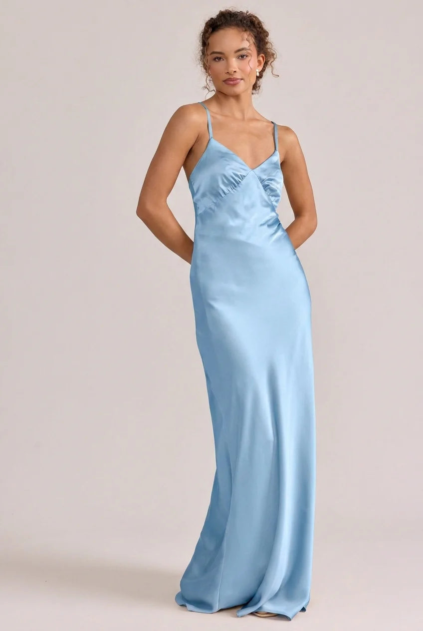 Elegant Column Spaghetti Strap V-Neck Satin Crisscross Lace-Up Back Maxi Bridesmaid Dress