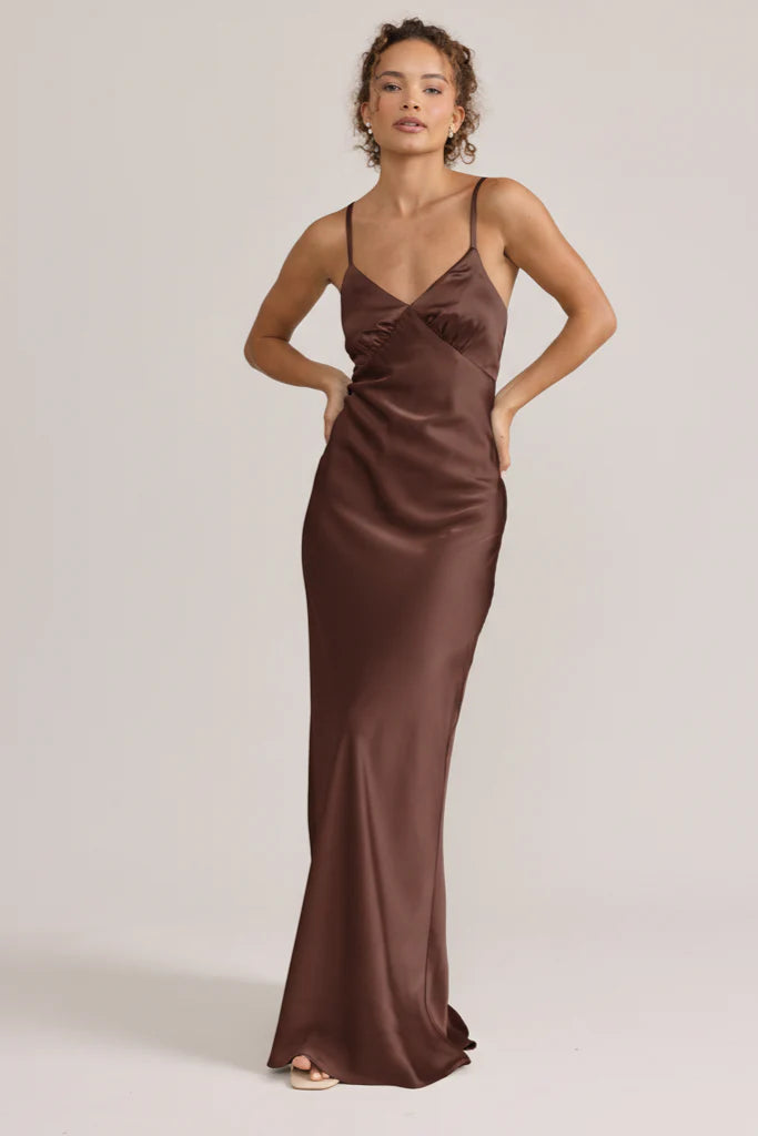 Elegant Column Spaghetti Strap V-Neck Satin Crisscross Lace-Up Back Maxi Bridesmaid Dress