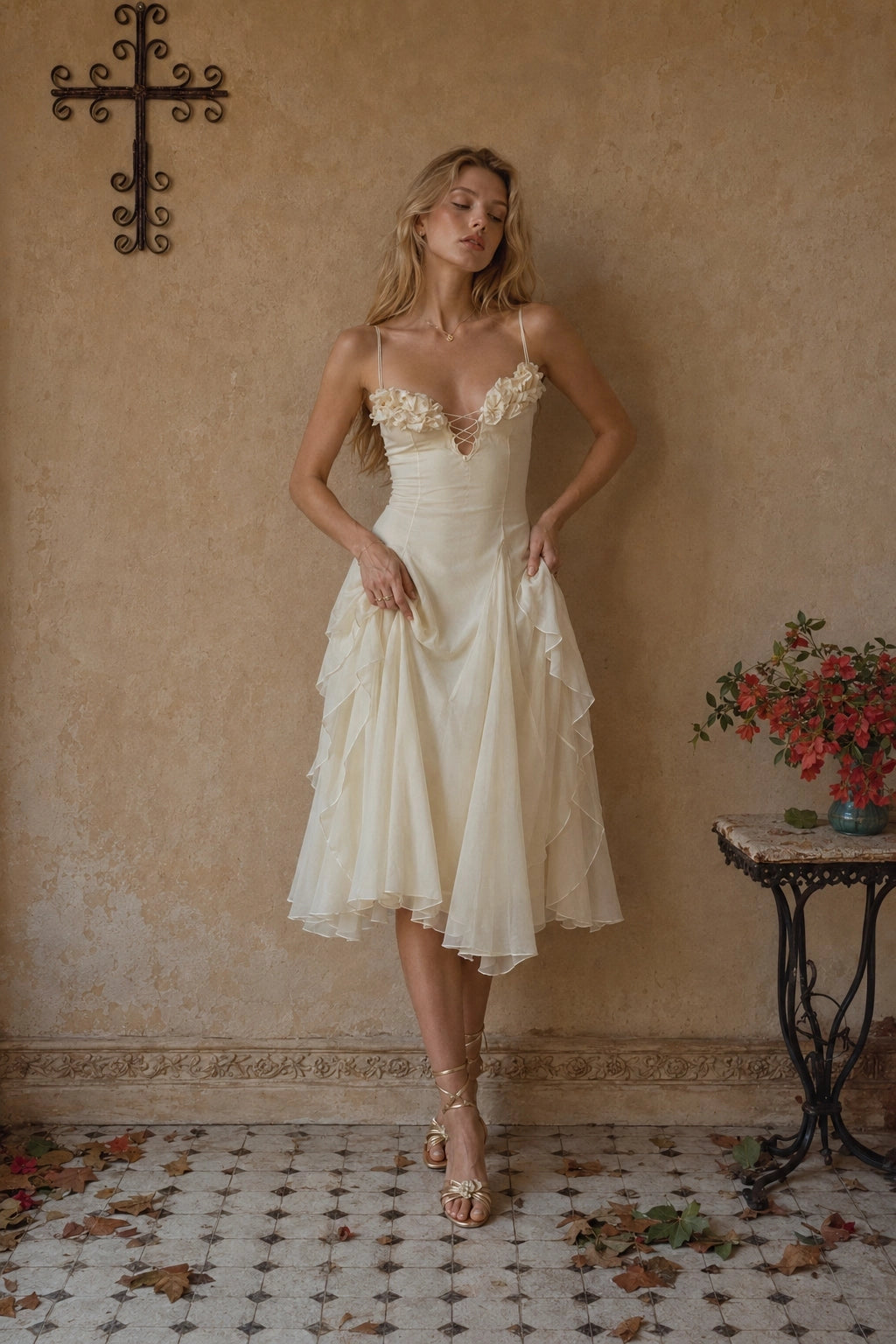 Vedress ivory A-line tea-length wedding guest dress with sweetheart neckline floral detail and spaghetti straps front view
