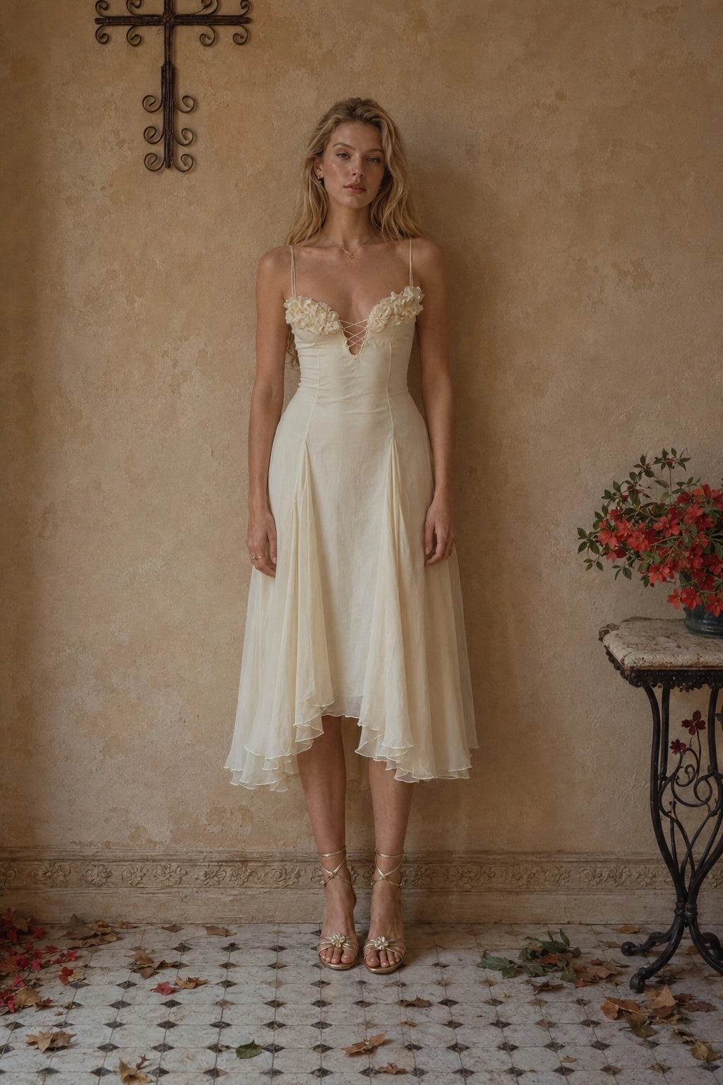 Romantic A-Line Sweetheart Sleeveless Open Back Tea-Length Wedding Guest Dress