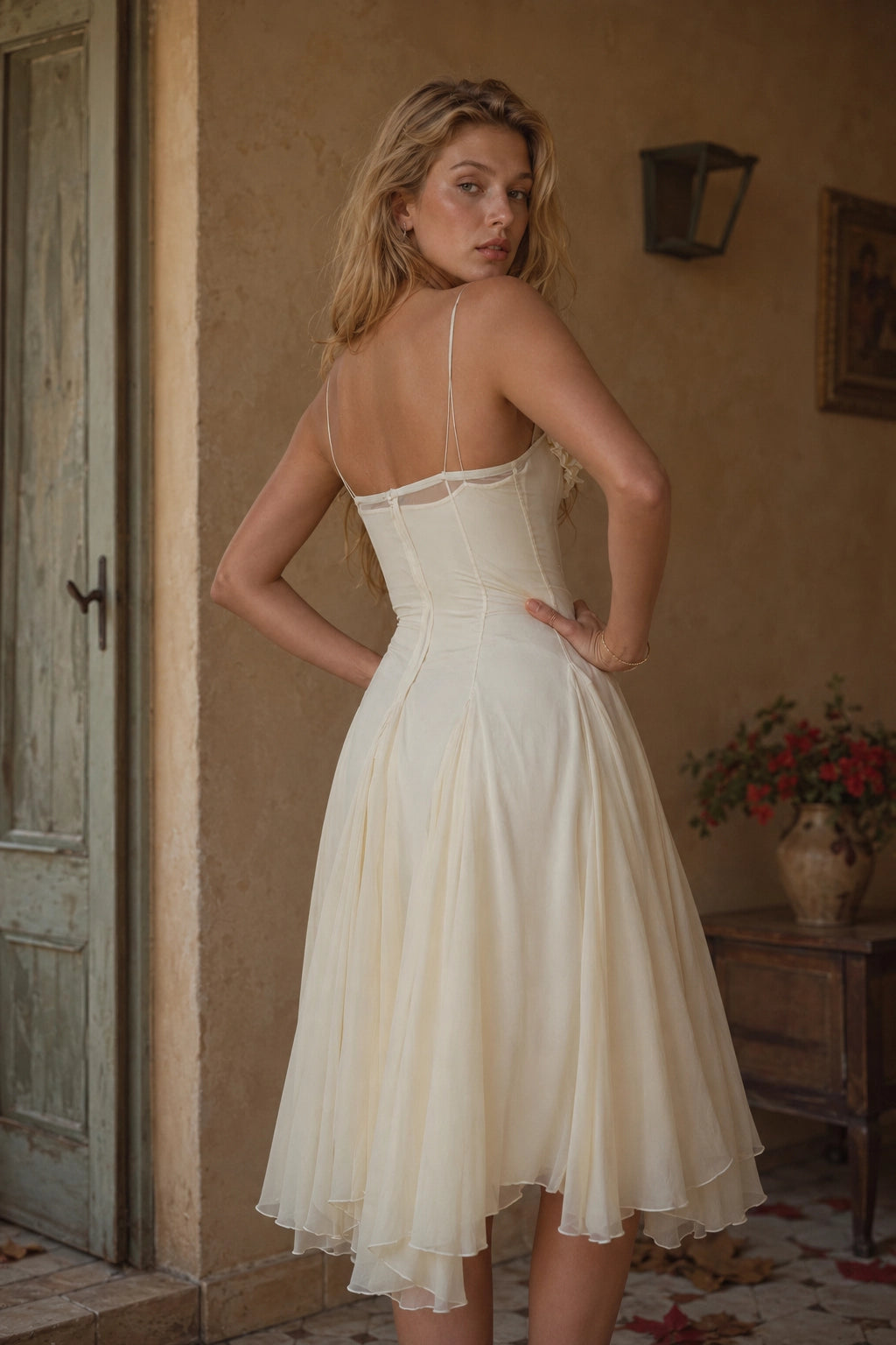 Romantic A-Line Sweetheart Sleeveless Open Back Tea-Length Wedding Guest Dress