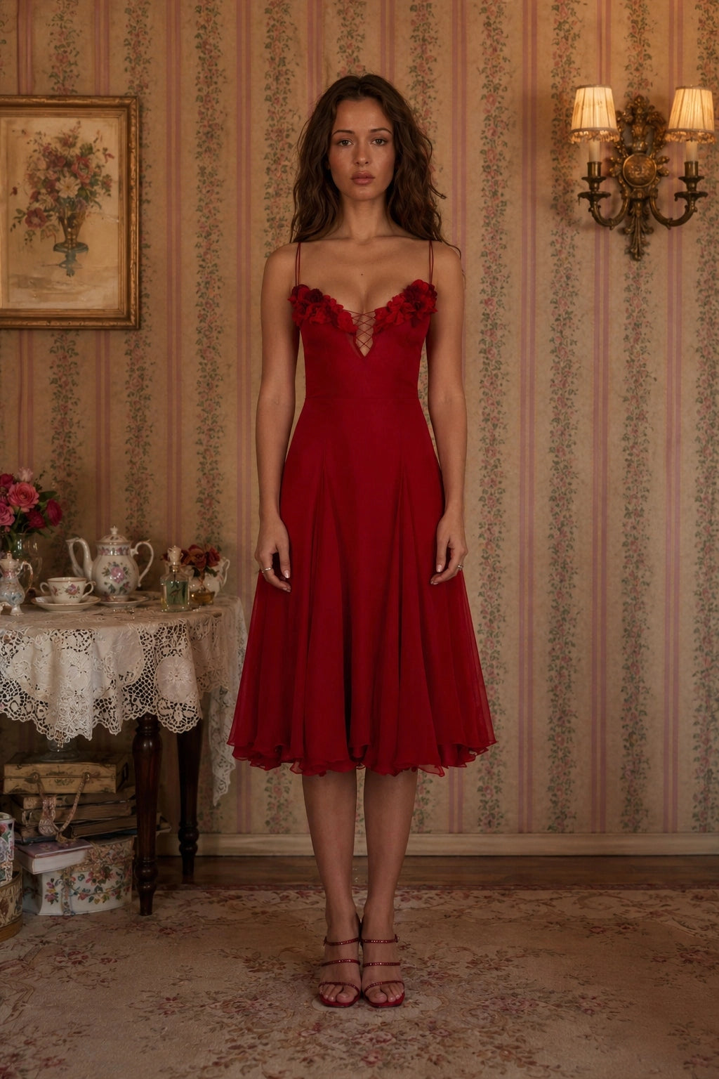 Romantic A-Line Sweetheart Sleeveless Open Back Tea-Length Wedding Guest Dress