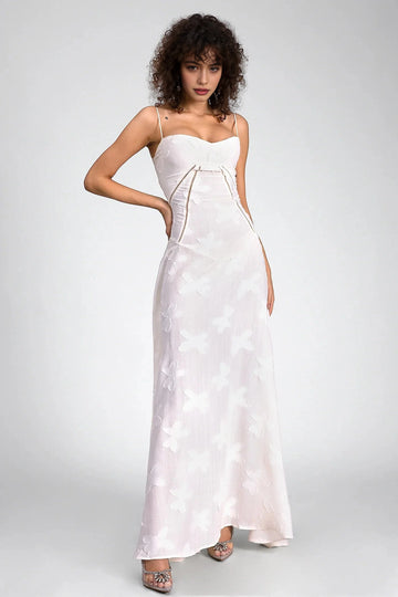 Ivory floral wedding guest dress with sweetheart neckline, spaghetti straps and A-line silhouette by Vedress
