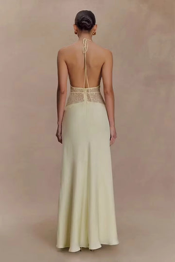 Ivory halter wedding guest dress with V-neckline lace waist panel and floor-length A-line silhouette by Vedress